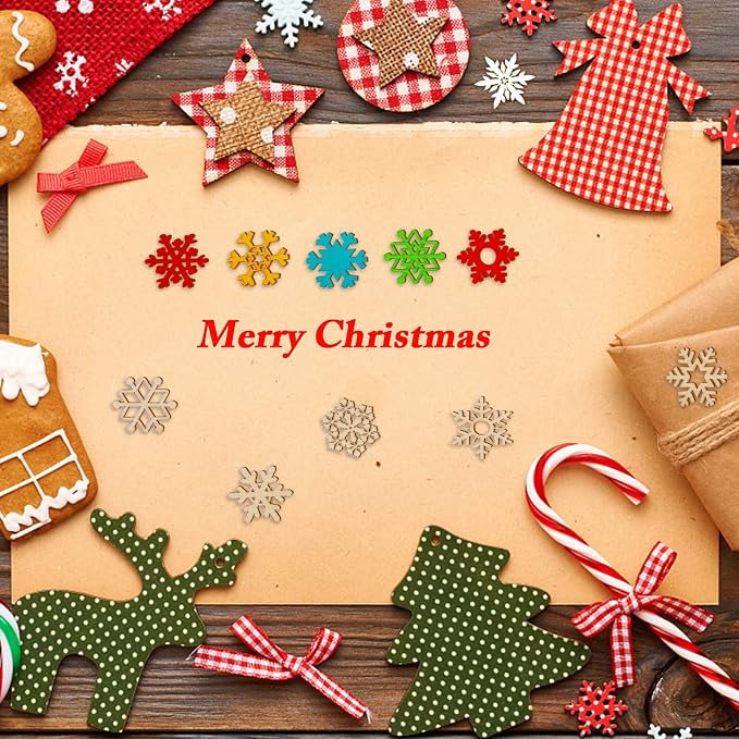 200 Pcs Unfinished Wooden Snowflake Ornament DIY Wood Snowflakes Cutouts Blank Wood Slices Christmas Tree Hanging Ornaments Embellishments for Winter Christmas Xmas Tree Craft Decorations,1.2 Inch