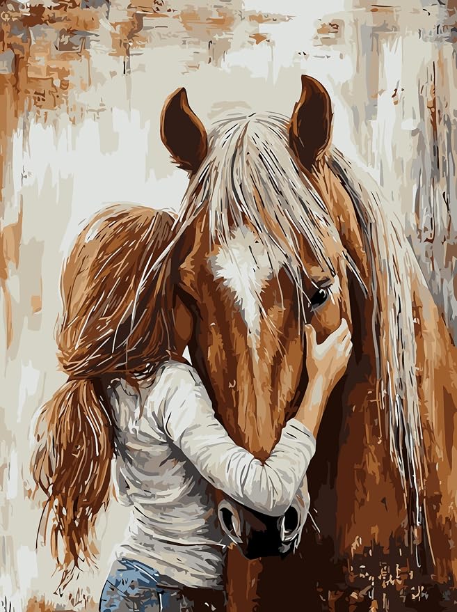 Girl Hugging Chestnut Horse Paint by Numbers Kit for Adults Beginner | Vintage Adult Paint by Number Kits on Canvas, Funny DIY Acrylic Oil Easy Painting by Numbers for Home Wall Decor&Gift12X16 in