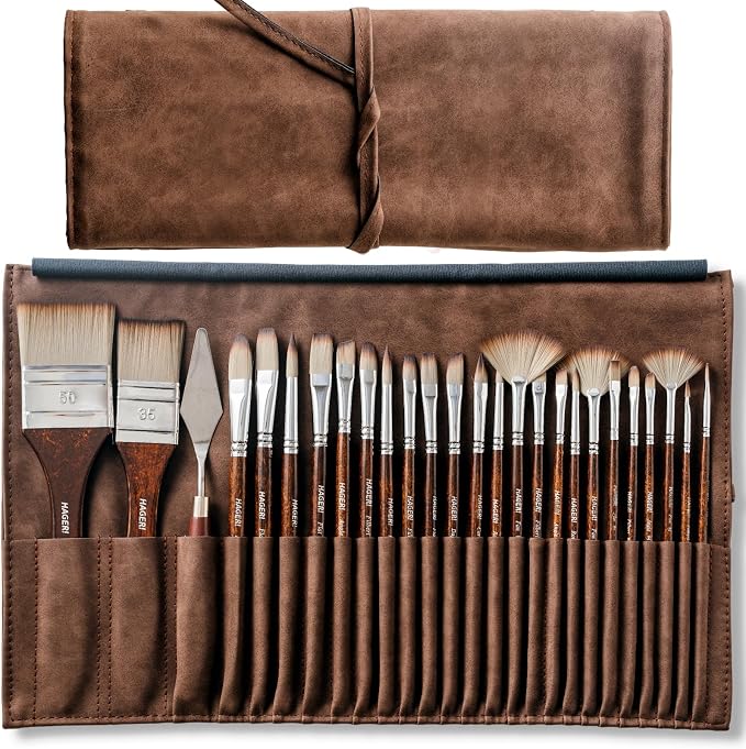 Paint Brushes, 25 Pieces Expert Synthetic Nylon Bristles Paint Brush Set with Suede Leather Roll with Palette Knife