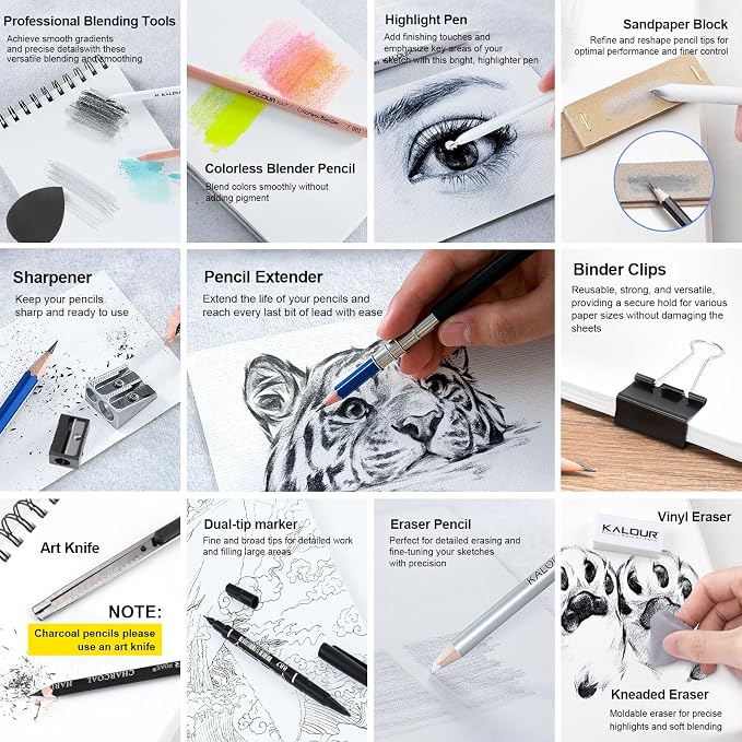 109 Drawing Set Sketching Kit, Pro Art Supplies with Fluorescent, Colored, Watercolor, Metallic, Graphite, Charcoal Pencils, 5 Sketchbook and Coloring Book, for Artists Adults Teens Beginner