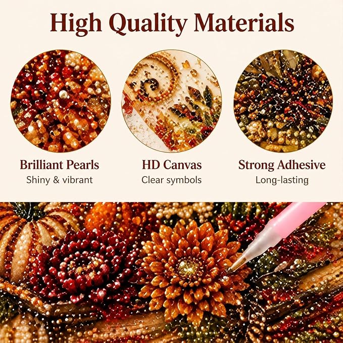 Autumn Pearl Painting Kit, 3D Pearl Diamond Painting Kit, DIY Pearl Art Craft for Adults, Thanksgiving Harvest Home Wall Decor, Handmade Seasonal Gift，Fall Floral Watering Can 1