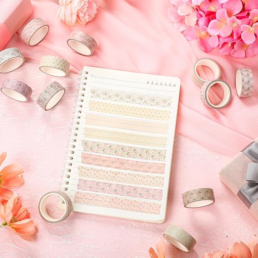 YooNotee 12 Rolls Floral Washi Tape Set,Dusty Pink,Rose | Watercolor Flowers Design for Scrapbook Journal DIY Craft School Supplies, 15 mm Vintage Decorative Masking Washi Tapes