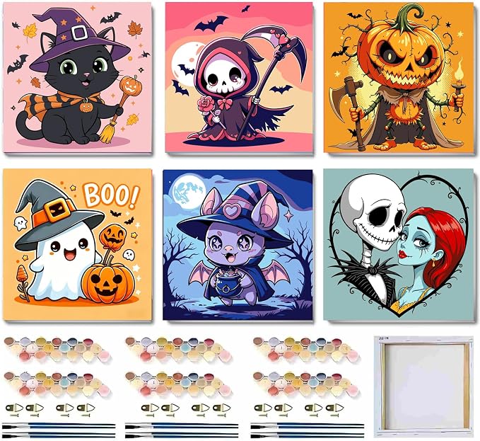 SYDYLH 6 Pcs Framed Easy Halloween Paint by Numbers for Adult/Kids 8x8in | small Ghosts Oil Painting Set for Child, mini horror paint by Number framed canvas Home Decor,Boys Girls Arts Crafts Gift
