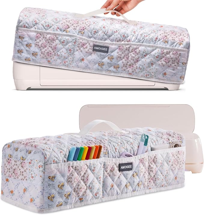 AMOIGEE Dust Cover for Cricuttt Maker 4 & Explore 4/3, Maker 3, Air 2, Quilted Protective Cover with Storage Pockets for Cutting Machine, Floral Fabric Anti-Dust Cover for Craft Machine Organizer