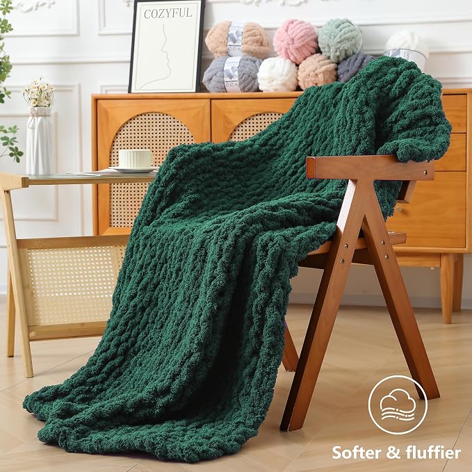 Cozyful Chunky Yarn for Hand Knitting - #10 Chunky Chenille Yarn, Jumbo Big Thick Chunky Yarns for Crocheting, Super Bulky Chunky Knit Blanket Yarns, 8 Skein (22 yds 8 oz Each Skein), Forest Green