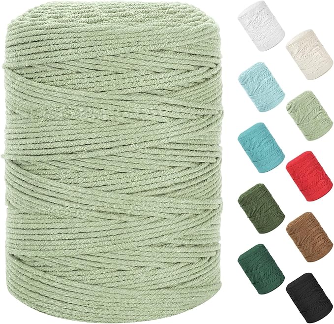 Macrame Cord 3mm x 380Yards (1140Feet), Natural Cotton Macrame Rope - 4 Strands Twisted Macrame Cotton Cord for Wall Hanging, Plant Hangers, Crafts, Gift Wrapping and Wedding Decorations, Bluish Green