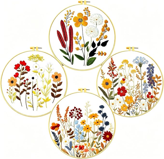 Zhenqing Floral Embroidery Kit - 4 Piece 29x29cm Round Hoop Art Set with Pre-Printed Cotton Fabric, Embroidery Hoop, Threads & Tools for Beginners (C0010)