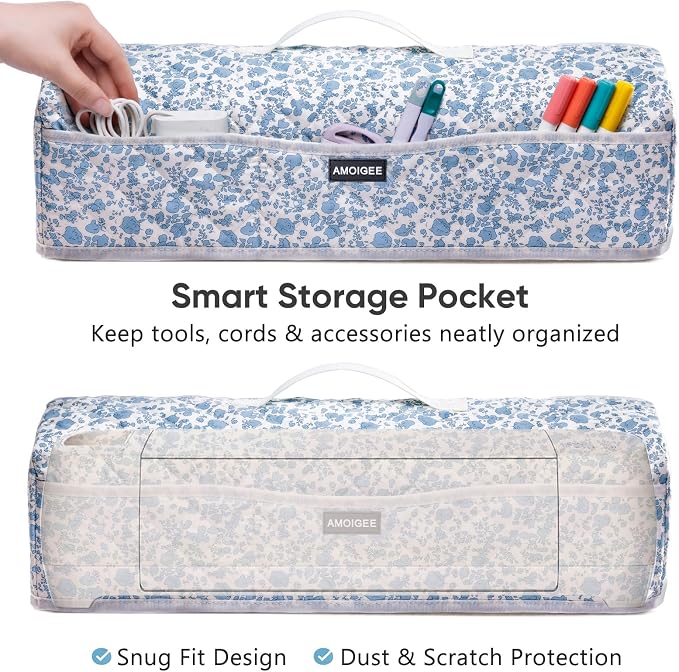 AMOIGEE Dust Cover for Cricuttt Maker 4 & Explore 4/3, Maker 3, Air 2, Quilted Protective Cover with Storage Pockets for Cutting Machine, Floral Fabric Anti-Dust Cover for Craft Machine Organizer