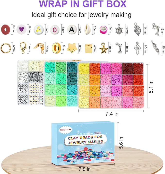 Redtwo 10000 Pcs Clay Beads Bracelet Making Kit | 3 Boxes 60 Colors Beads Set for Friendship Jewelry Making Kit with Charms, Crafts Gifts for Girls Ages 6-12 Kids
