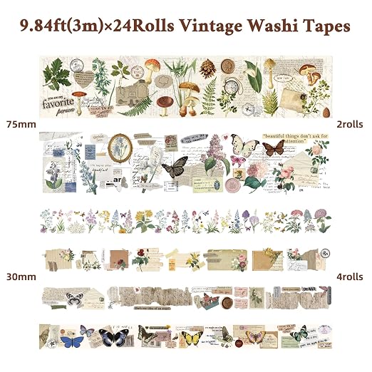 Vintage Washi Tape Set 24 Rolls,Decorative Masking Tape for Junk Journal,Scrapbooking Supplies,DIY Crafting Supplies