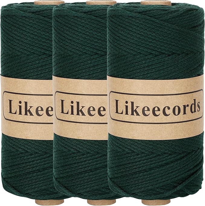 Likeecords 100% Cotton Crochet Yarn for Bag,3 Rolls/Pack 2mm x 510m,Macrame Cord,Chunky Yarn for Crocheting Handbag, Purse,Blankets Crafts Projects (Dark Green)