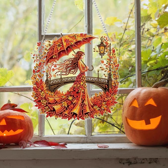 Bowetile Fall Diamond Art Hanging Kits for Adults, Autumn Diamond Art Suncatchers Lady, 5D Special Shape Maple Leaf Diamond Painting Pendant Window Ornament Gifts for Home Door Wall Decor