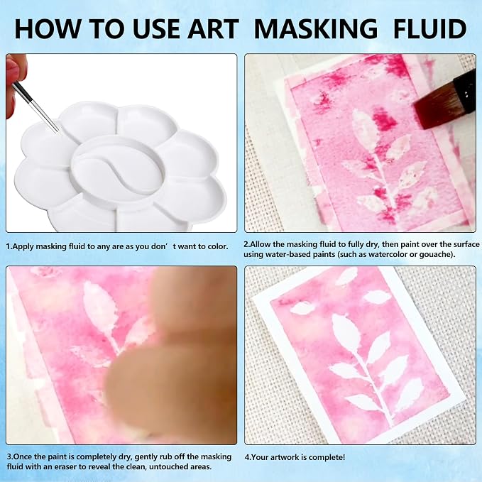 Watercolor Masking Fluid, Liquid Masking for Painting Watercolor Accessories with Silicone Pen Cleaning Brush Retouching and Covering for Painting and Various Art Projects Supplies,White (30ml)