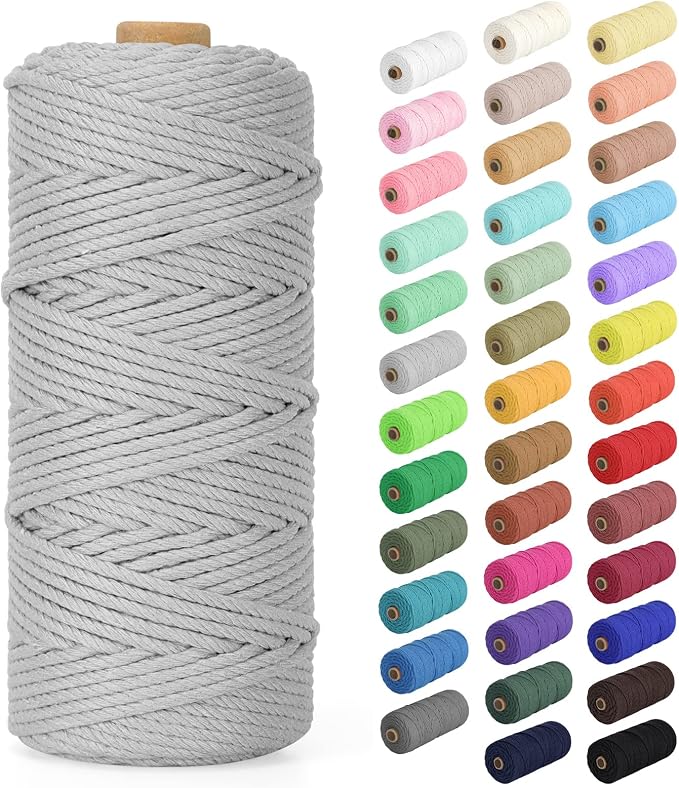 Macrame Cord 2mm x 220Yards (656Feet), Natural Cotton Macrame Rope - 2 Strands Twisted Macrame Cotton Cord for Wall Hanging, Plant Hangers, Crafts, Gift Wrapping and Wedding Decorations, Light Gray