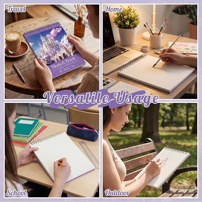 Prudiut Sketch Book 4 Pack, 8.5 × 11 Inch, Violet, Spiral Bound | 50 Sheets Each, 68 Lb Acid-Free Paper, Perforated Pages, Hard Back Cover, for Pencil, Charcoal, Colored Pencil And Gel Pen