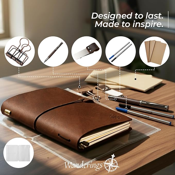 WANDERINGS A5 Travelers Notebook Bundle – 6" x 8.5" (15 x 22cm) – Genuine Leather Journal with Pen Holder, Pen, 2 Ink Refills, PVC Folder & Binder Clip
