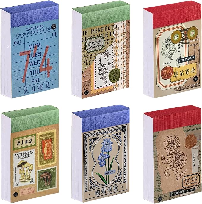 PRSTINCOL Washi Stickers Book, 6 Sets 300 Pcs | Vintage Aesthetic Sticker Set, Journaling Scrapbook Decoration Bullet Journal, Stamps Flowers Ticket Theme