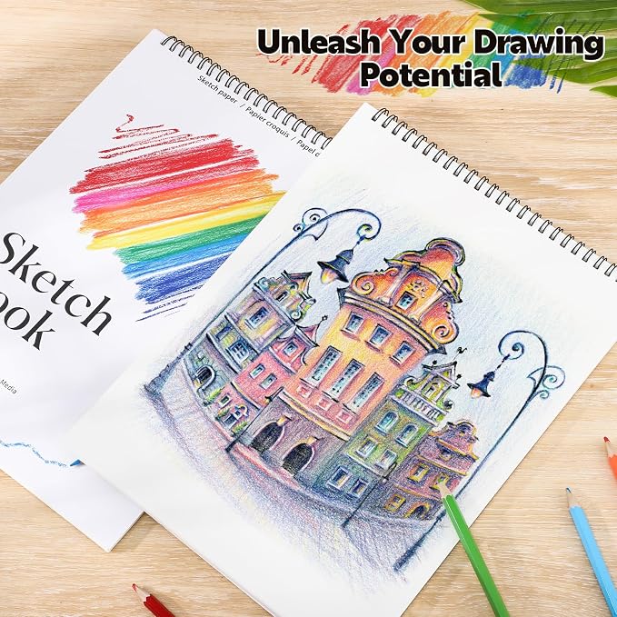 12 Pack Sketch Books 9 × 12 in, Spiral Bound, Acid-Free Paper | 30 Sheets Each, 68lb/100gsm Paper, Hardcover with Backboard, Lay-Flat Spiral, for Kids Beginners & Artists