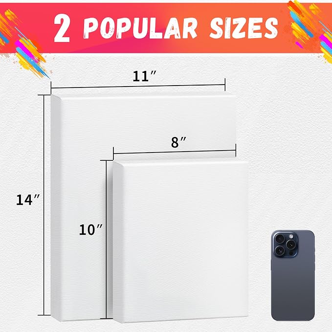 FIXSMITH Stretched Canvas for Painting, 8"x10", 11"x14", Pack of 2, Pre-Primed Canvases Wood Framed, Blank White Painting Canvas Boards for Acrylic, Oil and Gouache Painting