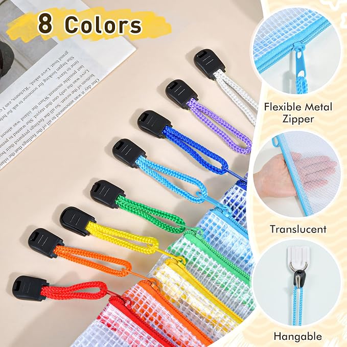 24pcs Mesh Zipper Pouch Bags, A3 Large Size 8 Colors Plastic Zipper Bags for Organizing Storage, Clear Pouches with Zipper, Waterproof Mesh Bags for Office Supplies, Home Organize, Travel Storage