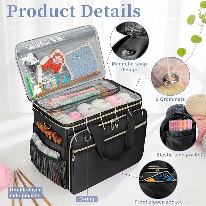 Anitor Large Crochet Bag Knitting Bag Yarn Storage Tote, Yarn Bag, Black