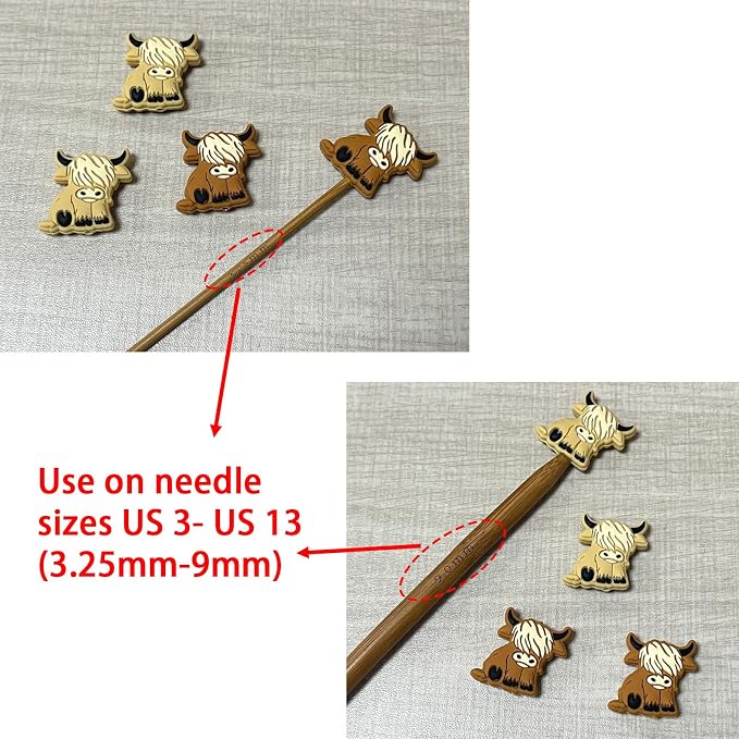 SPANSEE 4 PCS Highland Cow Shape Stitch Stoppers, Knitting Needle Stoppers, Knitting Needle Point Protectors, Knitting Needle End Caps, Knitting Notions fit Size 3-13 (3.25mm-9mm) Needles