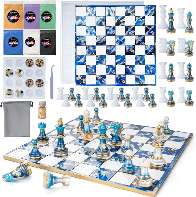 HeyClear Chess Set Resin Molds, Chess Board Silicone Molds & 16PCS 3D Full Size Chess Checkers, Chess Molds for DIY Chess Board Game
