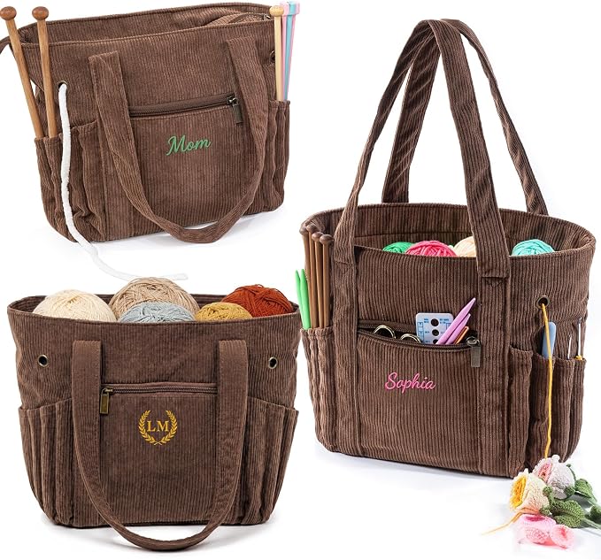 MYBAGZIGN Personalized Crochet Bag, Custom Corduroy Yarn Storage Tote with Pockets for Crochet Hooks, Knitting Supplies & Yarn, Project Bag Gift for Crocheters & Knitters