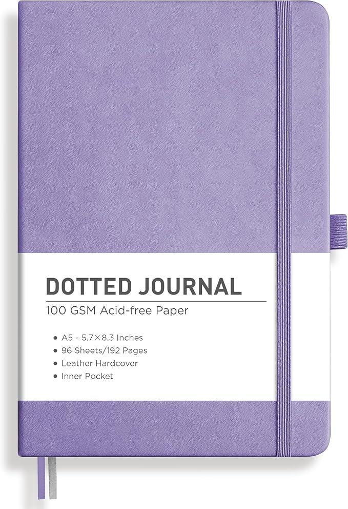 RETTACY Dotted Journal Notebook, 192 Pages, A5 Medium Size (5.7'' x 8.3'') | Leather Hardcover, 100 GSM Thick Paper, for Journaling, Planning, Tracking (Purple)