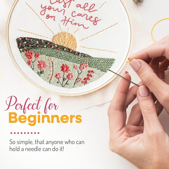 Elly & Grace Christian Embroidery Kit with Embroidery Hoop, Easy Embroidery Kit for Beginners and Adults, Full Embroidery Hoop Kit with Needles and Thread Included (Cast All Your Cares)