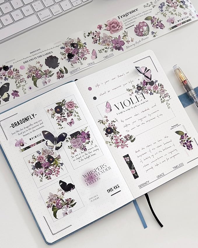 WT Pre-Cut Violet Veil Wide Washi Tape, Single Roll, Soft Lilac Florals & Misty Backgrounds with Script, Decorative Japanese Paper for Journaling, Scrapbooking, Planner, DIY Crafts, 65mm x 5m