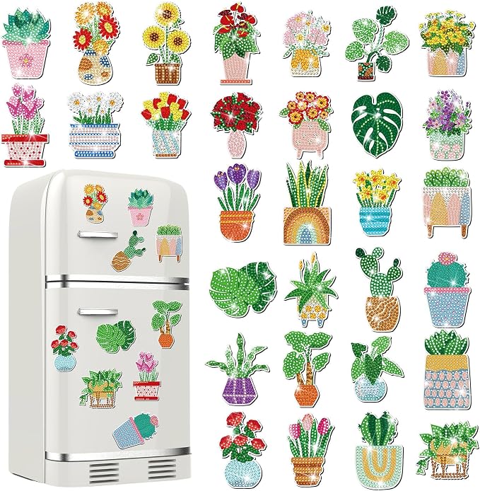 Remuuly 30 Pcs Diamond Painting Magnets Plant Flower Diamond Art Magnet Kit | Diamond Art Kits for Adult, Refrigerator Magnet, 5D Rhinestone Fridge Magnetic Sticker, Diamond Club Gift, Beginner DIY Craft