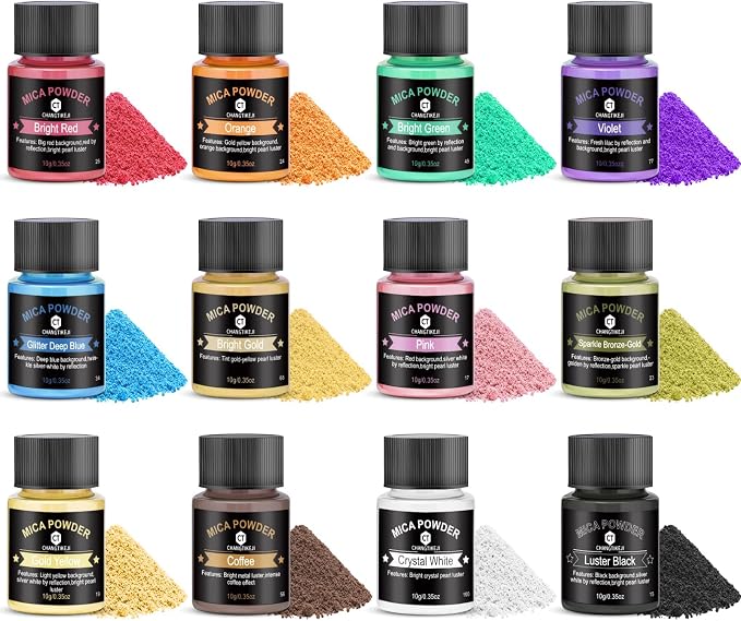 Mica Powder 12 Colors Pearlescent Pigment - for Resin Epoxy, Soap Making, Nail Polish, Lip Gloss, Eye Shadow, Bath Bomb, Slime & Candle - 10g Each Bottle (Basic Color Series)