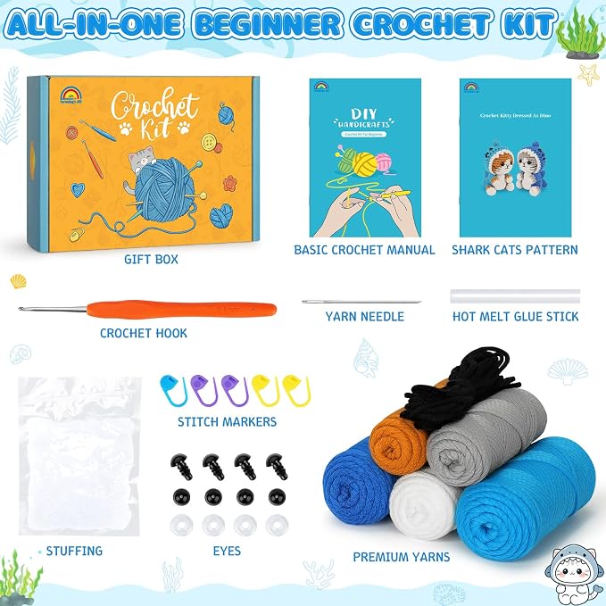 Fortuning's JDS Crochet Kit for Beginners, 2 PCS Shark Cat Crochet Kits