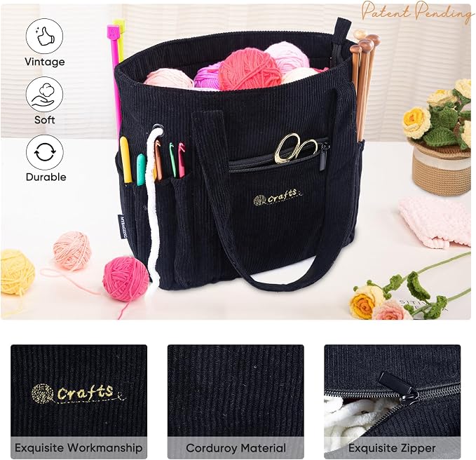MYBAGZING Crochet Bag and Tote - Corduroy Yarn Bag - Yarn Holder for Crocheting - Crochet Storage Bag for Crochet Hooks, Crochet Accessories, Knitting Bag for Crochet Lovers, Mom Gift