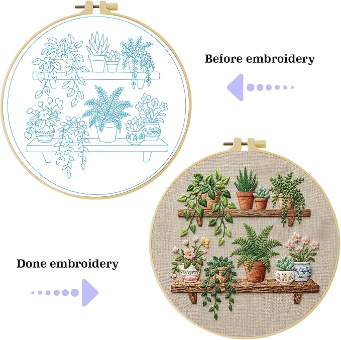 Full Range Embroidery Kit for Adult, Green Plant Pattern Embroidery Kit for Beginners Include Embroidery Cloth Hoops Threads for Craft Lover Hand Stitch with Embroidery Skill Techniques (Book Flowers)