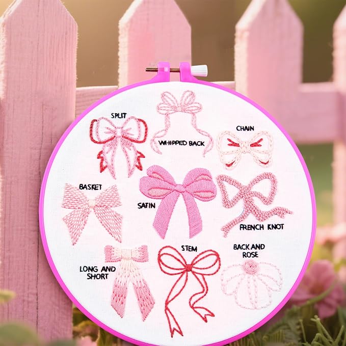 Pink Bowknot Embroidery Kits for Beginners Adults, Cute Hand Embroidery Starter Kits, Counted Cross Stitch Kits for Beginners DIY Craft Kits for Adults Women, Embroidery Hoops, Thread & Video Tutorial