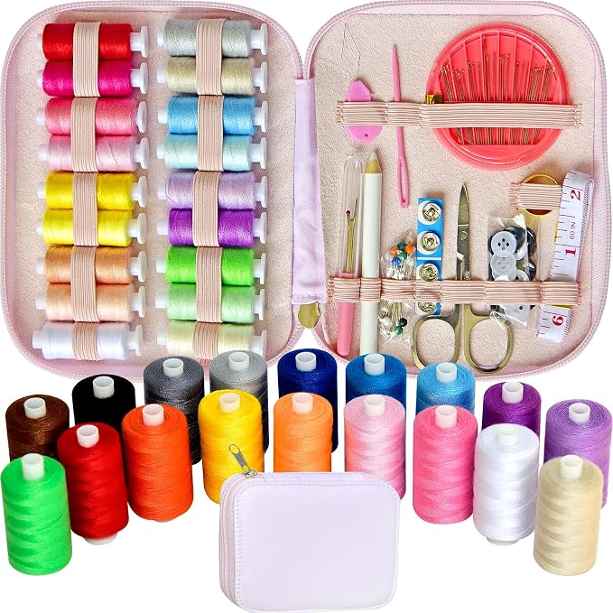 Sewing Kit with Case Portable Sewing Supplies for Home Traveler, Adults, Beginner, Emergency, Contains 18 Sewing Thread, Scissors, Needles, Measure etc (Pink)