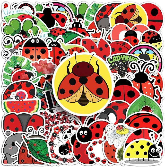 50Pcs Waterproof Ladybug Stickers, Cute Ladybird Vinyl Decals for Water Bottle, Laptop, Luggage, Skateboard, Scrapbooking, DIY Decor (Ladybug)