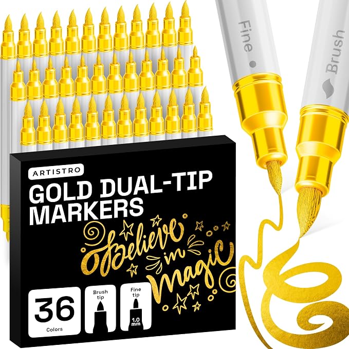 ARTISTRO 36 Gold Dual-Tip Acrylic Paint Marker Pens for Drawing | For Fabric, Rock, Glass, Wood, & Molds, Arts & Crafts Gift for Adults, Teens, & Kids, Classroom Must Haves & School Supplies