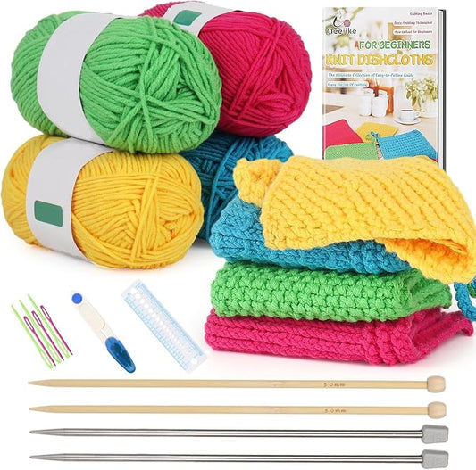 Aeelike Knitting Kit for Beginner Adult, Easy Dishcloth Knit Set, Color A | Knitting Set with Knitting Needles Milk Colorful Cotton Yarn Step-by-Step Instructions, Learn Basic Knitting, Ideal Gift