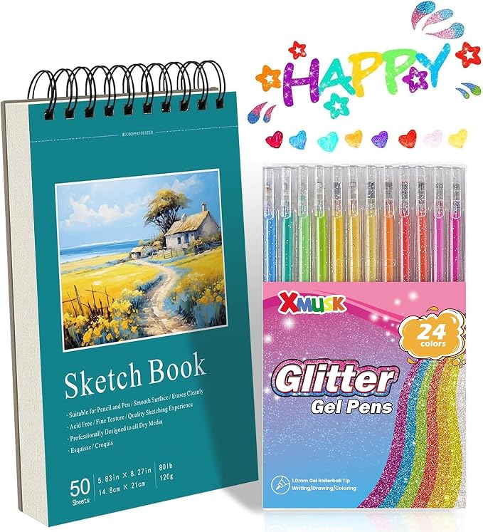 24 Colors Glitter Gel Pens Set with A5 Sketchbook (50 Sheets 120gsm)