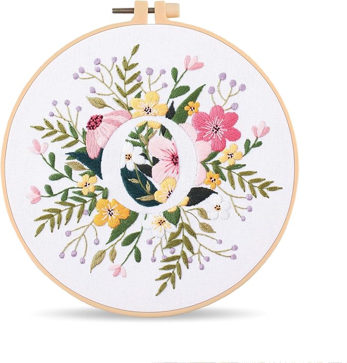 Harimau Letter Pattern O Embroidery Kit for Adult Beginners, Complete Starter Pack with 1 Hoop, Needles, Instruction Guide & Embroidery Stitch Video Tutorials
