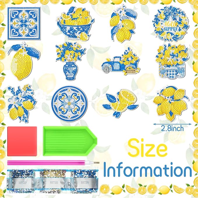 Zonon 12 Pcs Diamond Art Magnets Kit Lemon Mediterranean DIY Blue Yellow | Italian Capri Tiles Lemons Iris, Summer Fridge Decor, Diamond Painting Kit for Kitchen Amalfi Mediterranean Theme