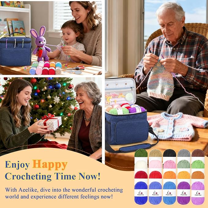 Aeelike 87PCS Crochet Beginner Kit for Adults,Portable Yarn Bag Kit,Navy | Crochet Starter Kits with Yarn, Ergonomic Hooks & Storage Case, Learn-to-Crochet Set for Adults, Kids & Seniors,