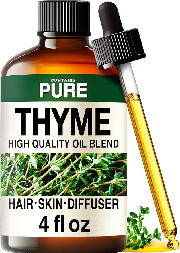 100% Pure Thyme Essential Oil 4 Fl Oz - Thyme Oil for Hair and Skin | French Undiluted Thyme Oil for Diffuser, Aromatherapy, Cleaning, Body Massage, Non-GMO, Herbaceous Aroma, with Dropper