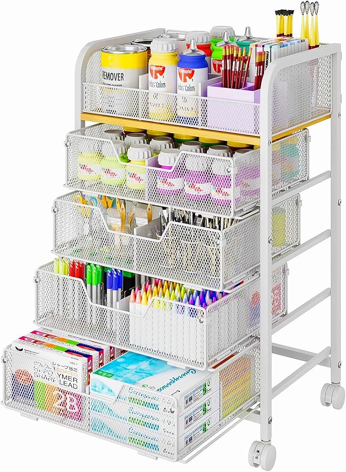 5-Tier Craft Organizer Cart with 5 Sets of DIY Dividers,Craft Organizers and Storage with Drawers,Lockable Wheels Rolling Utility Cart on Wheels,Art Supply Organizer,Ideal for Studio,Office,White