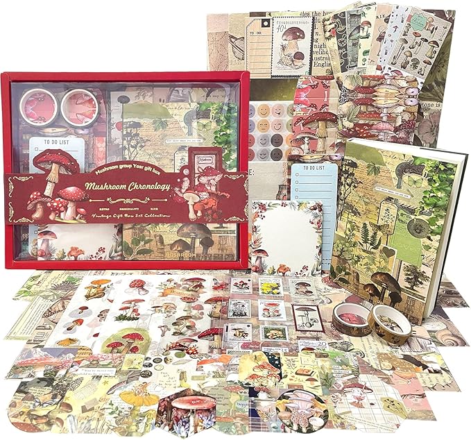 BoomTeck Vintage Scrapbooking Kit – Aesthetic Junk Journal Supplies with Scrapbook Paper, Washi Stickers, A6 Grid Notebook, DIY Craft Journaling Gift Set for Teens & Adults (Mushroom Theme)