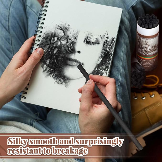 Gueevin 50 Pcs Soft Willow Charcoal Sticks Drawing,4-5mm | For Artists Beginners Students, Vine Charcoal Bulk for Sketching Shading Fine Art, Assorted Sizes, Back to School Gifts