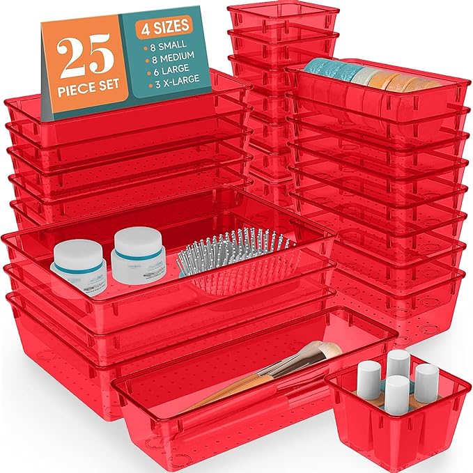 25 PCS Plastic Drawer Organizer Set, Makeup Organizers and Storage Bins | 4 Sizes Desk Drawer Divider Organizers and Storage Bins for Jewelry, Gadgets for Kitchen, Bedroom, Bathroom, Office, Red